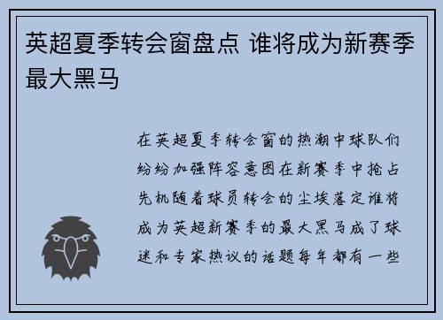 英超夏季转会窗盘点 谁将成为新赛季最大黑马